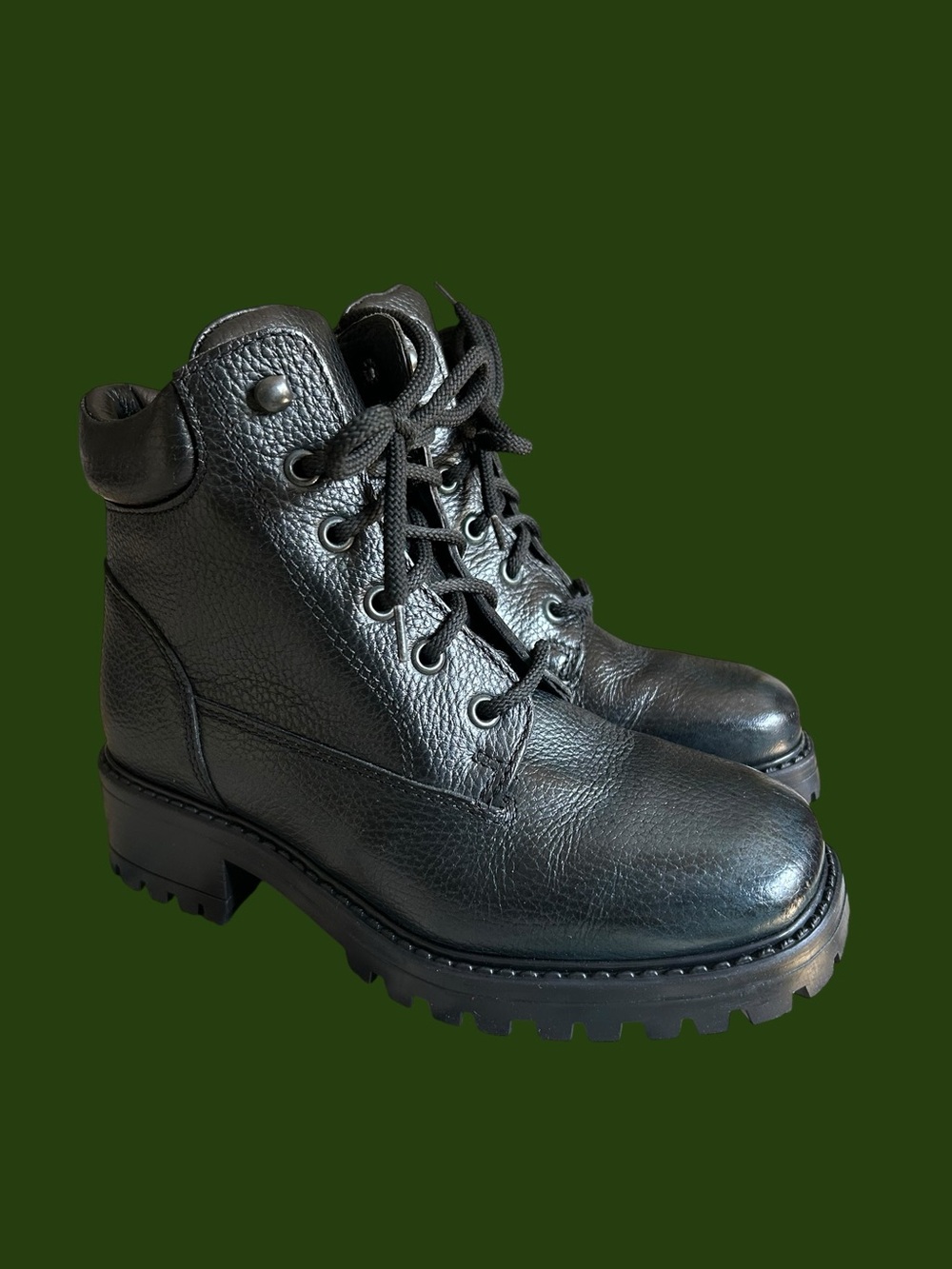 L.L.Bean Black Leather Combat Moto Boots Lug Sole Size 7 Wool Liner WhimsyGoth